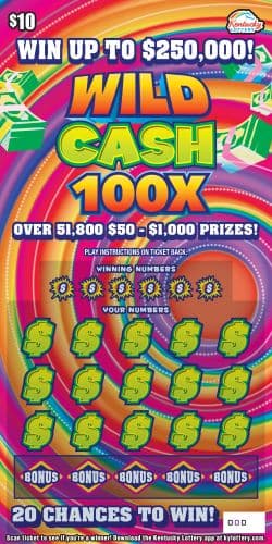 Wild Cash 100X Kentucky Lottery scratch-off ticket art