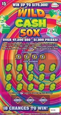 Wild Cash 50X Kentucky Lottery scratch-off ticket art