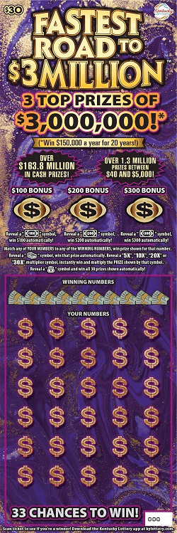 Fastest Road to $3 Million™ Kentucky Lottery scratch-off ticket