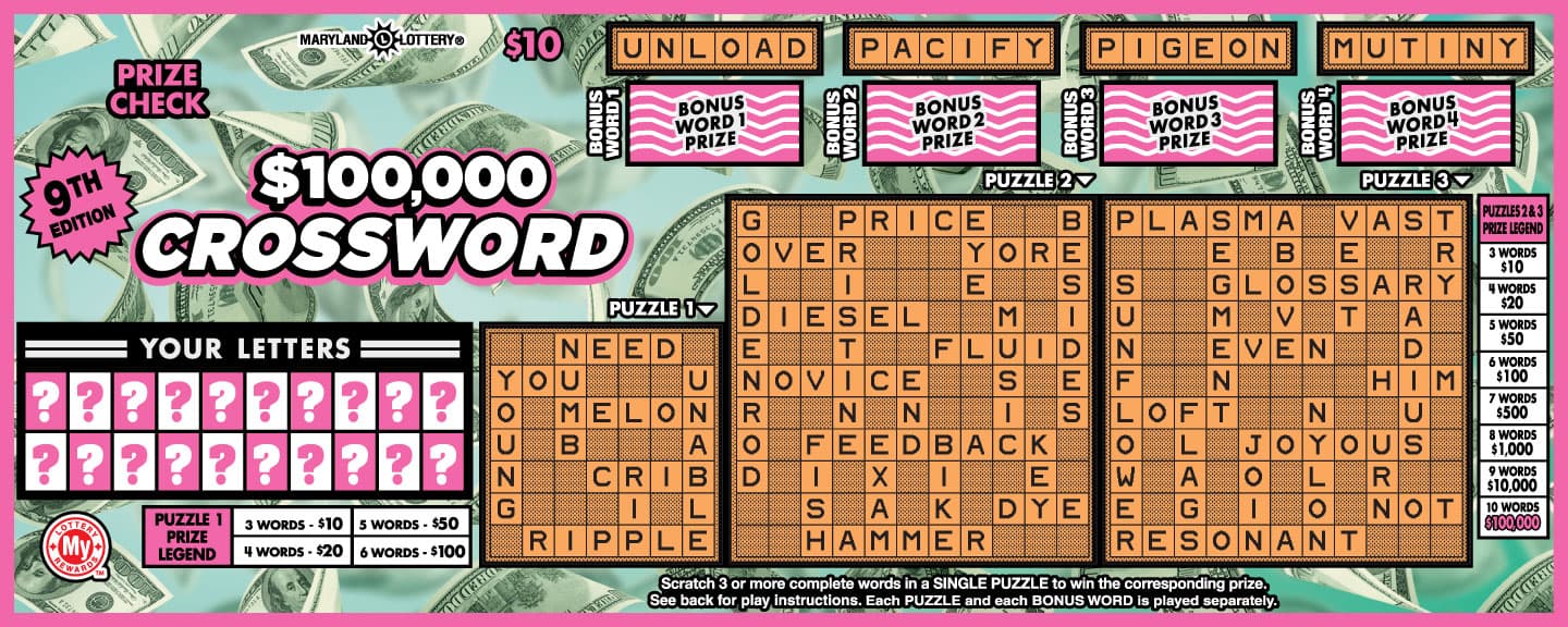 $100,000 Crossword Maryland Lottery scratch-off ticket art