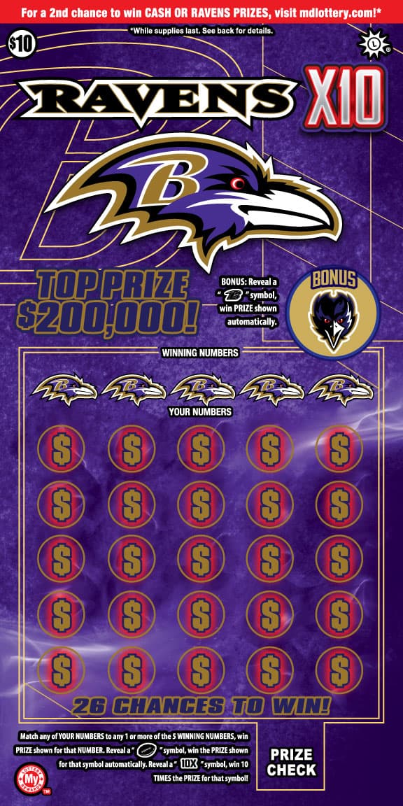 Ravens X10 Maryland Lottery scratch-off ticket art