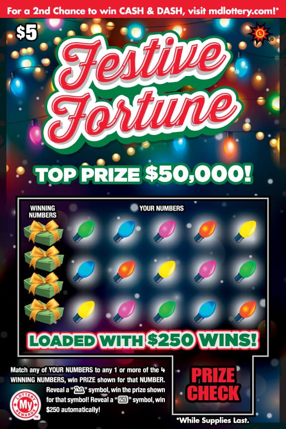 Festive Fortune Maryland Lottery scratch-off ticket art