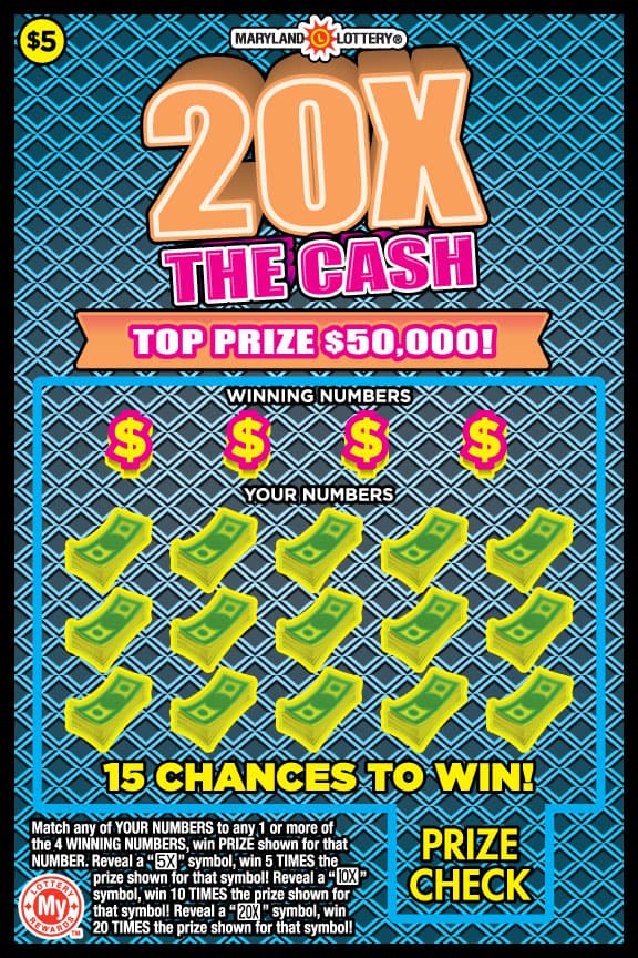 20X the Cash Maryland Lottery scratch-off ticket art