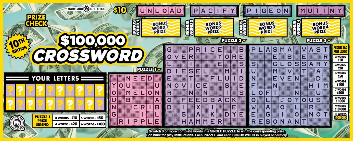$100,000 Crossword Maryland Lottery scratch-off ticket