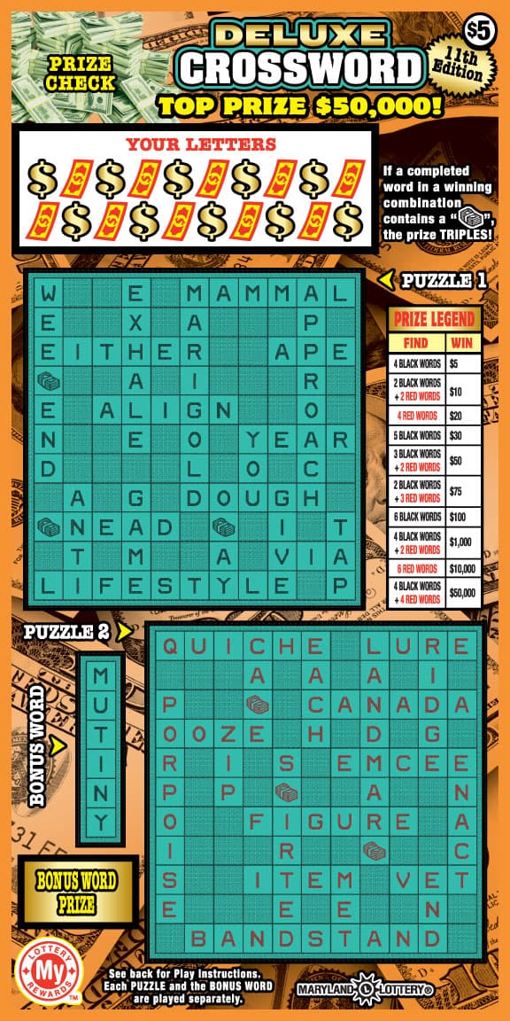 Deluxe Crossword Maryland Lottery scratch-off ticket