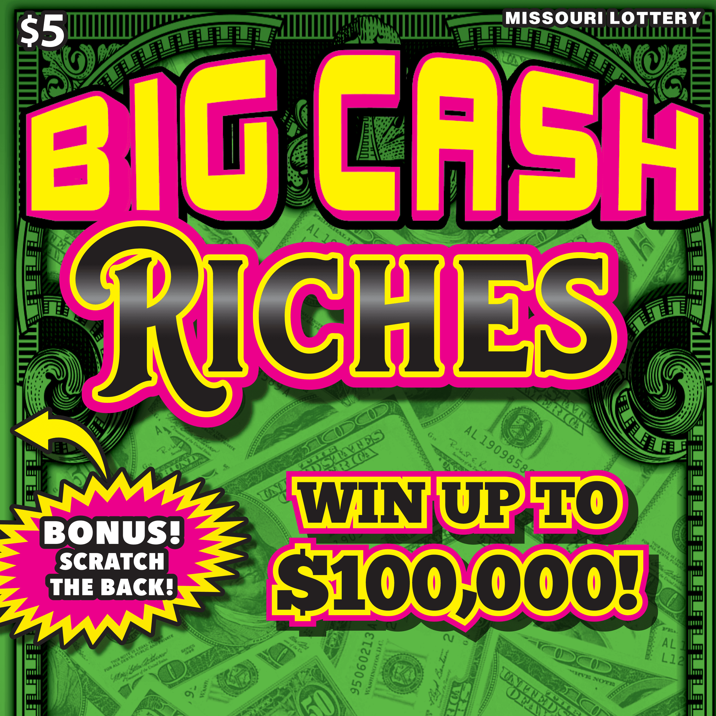 BIG CASH RICHES Missouri Lottery scratch-off ticket art