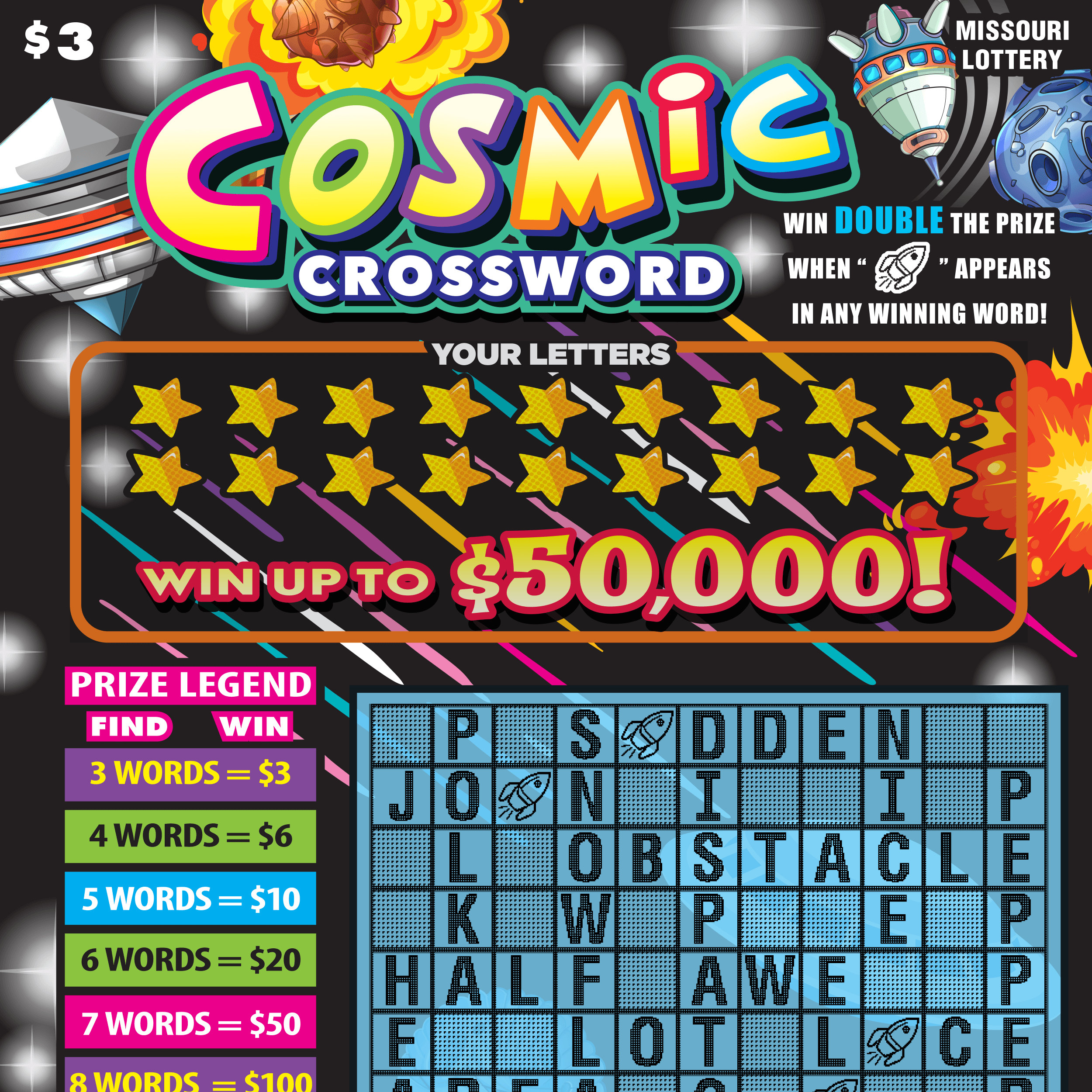Cosmic Crossword Missouri Lottery scratch-off ticket art