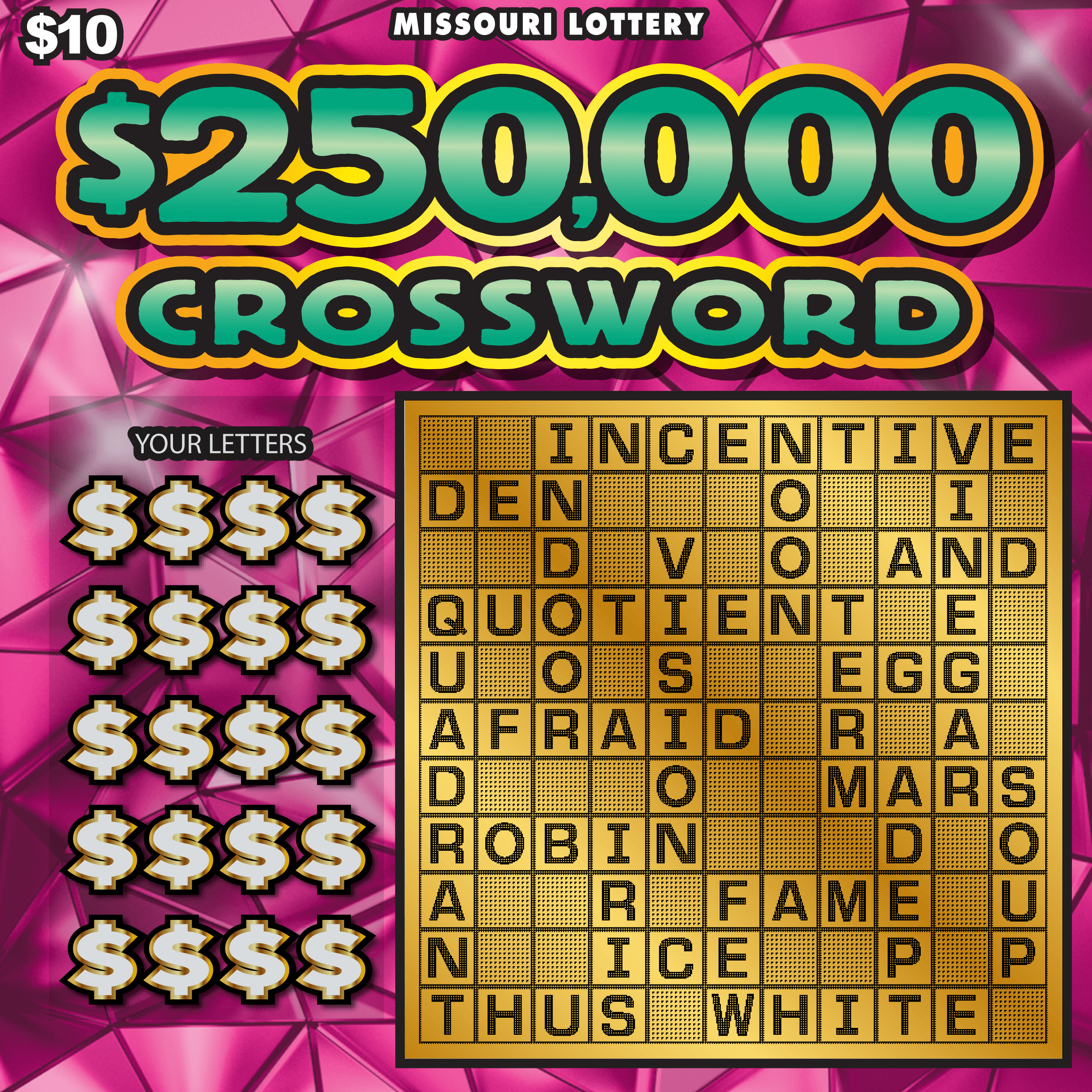 $250,000 Crossword Missouri Lottery scratch-off ticket art