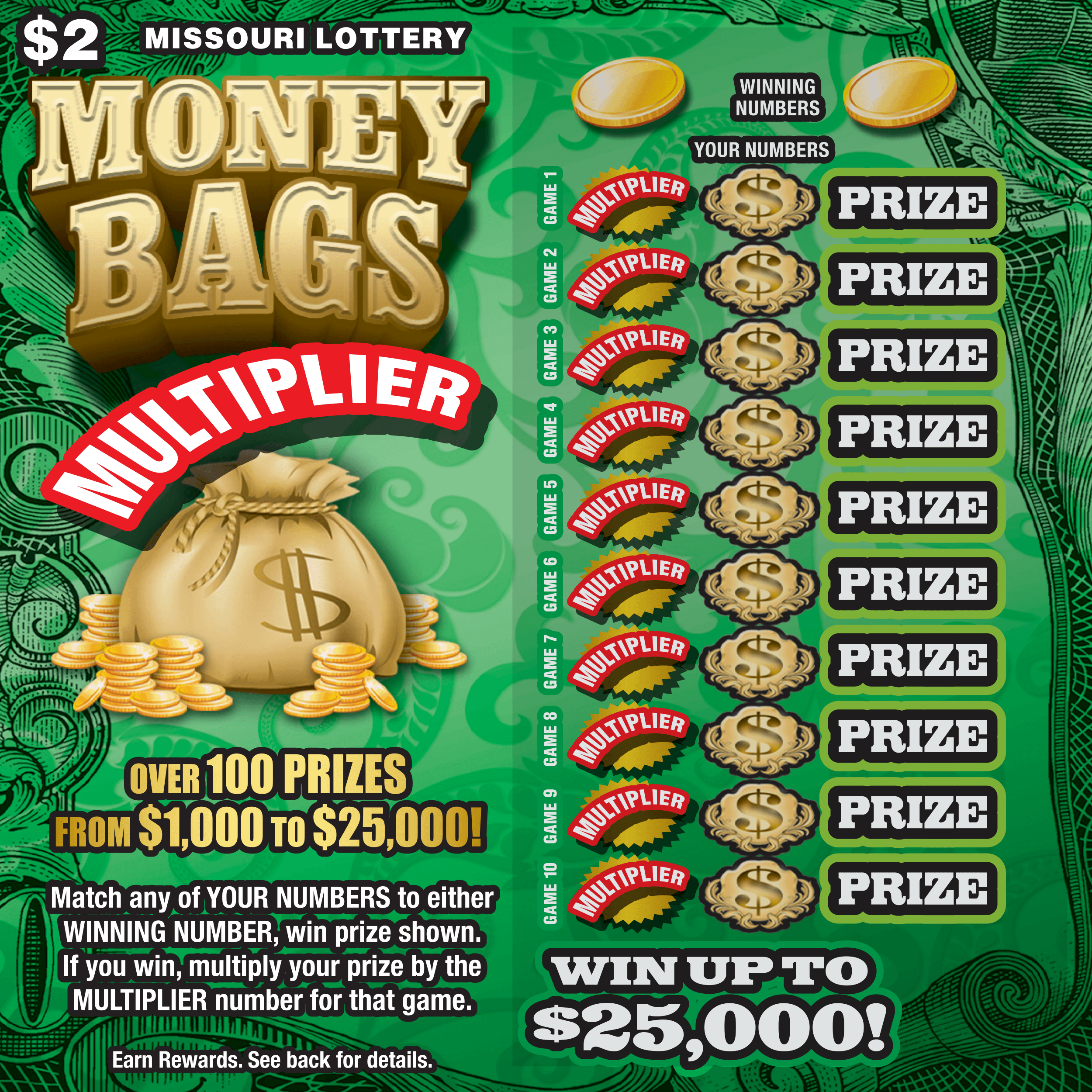 Money Bags Multiplier Missouri Lottery scratch-off ticket art