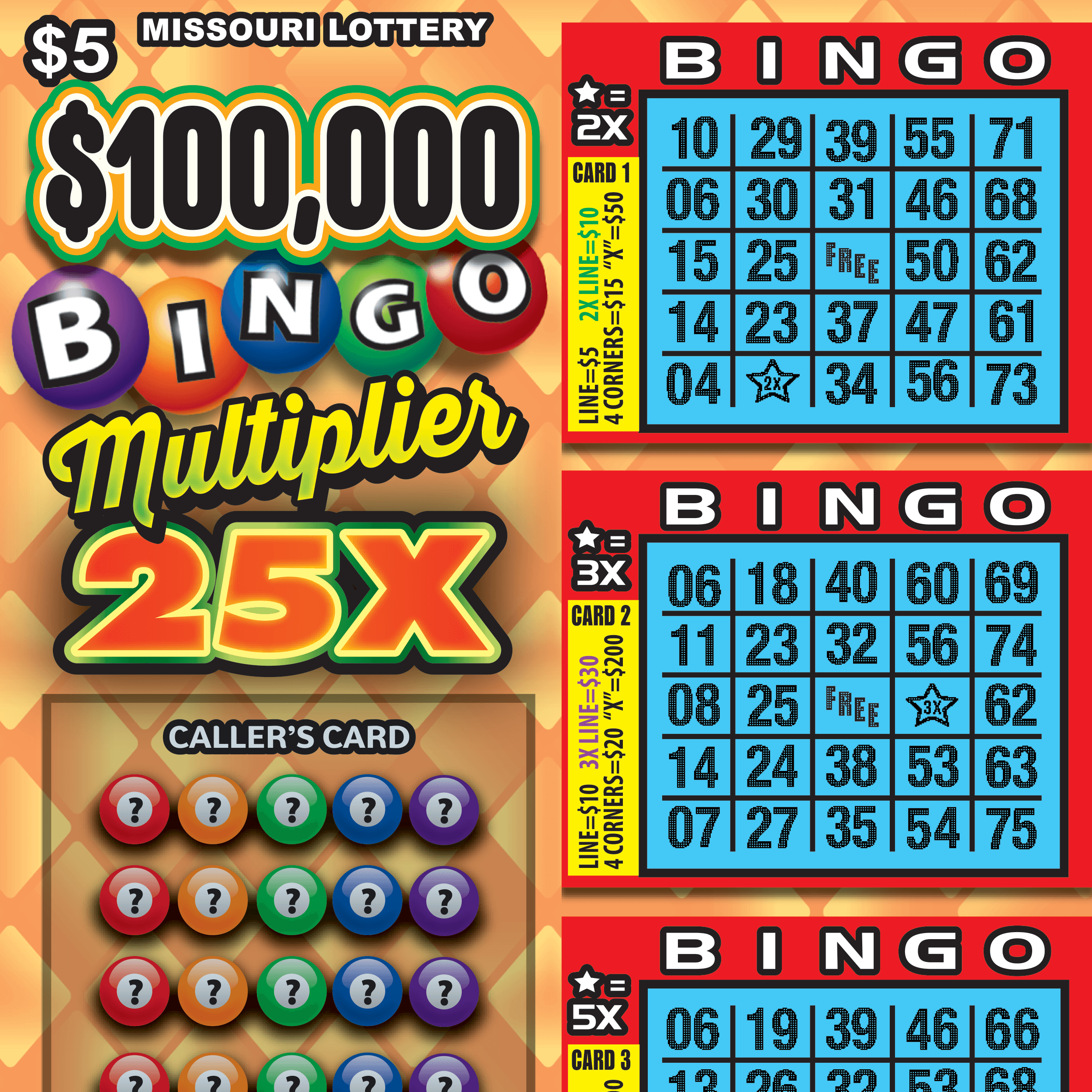 $100,000 Bingo Multiplier 25X Missouri Lottery scratch-off ticket art