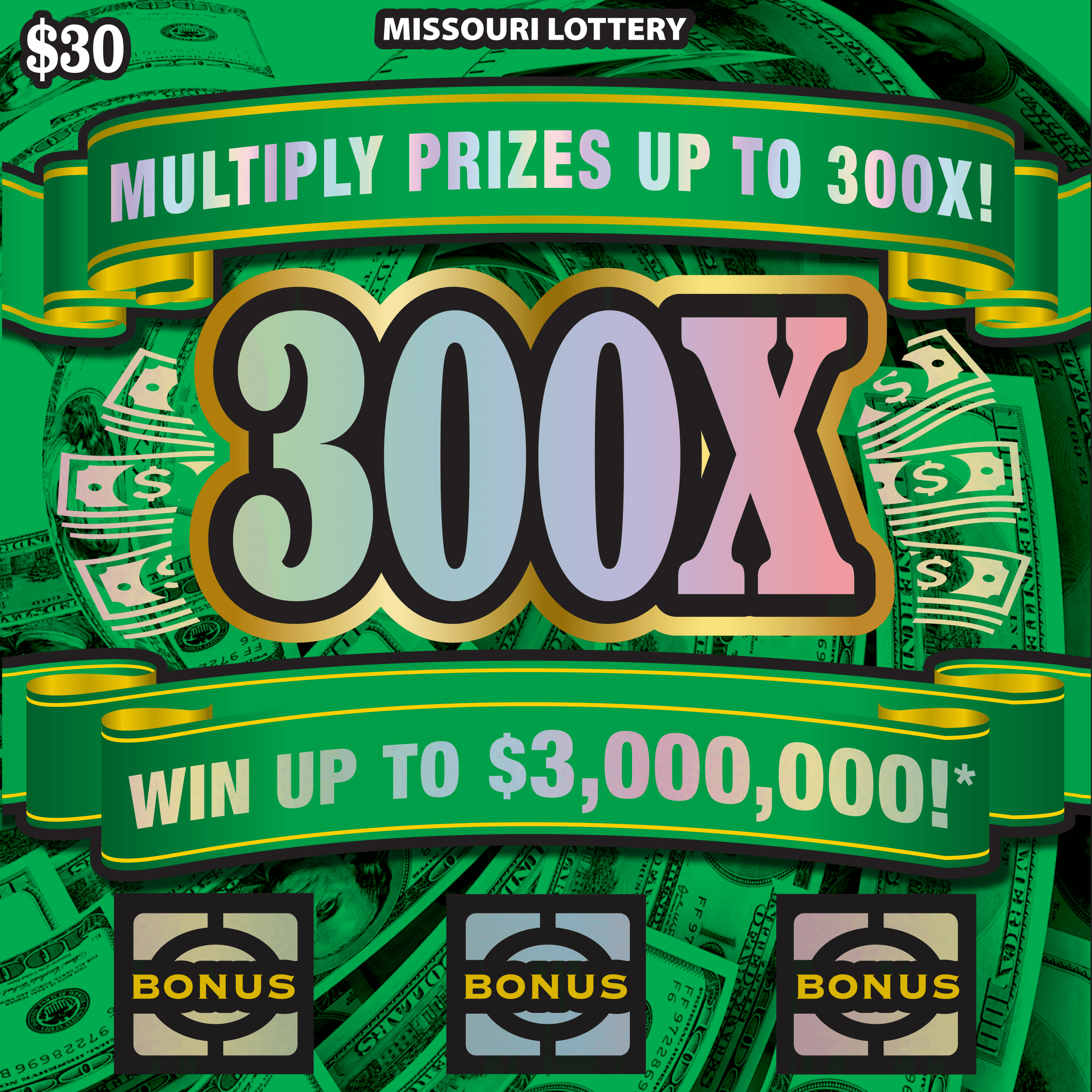 300X Missouri Lottery scratch-off ticket