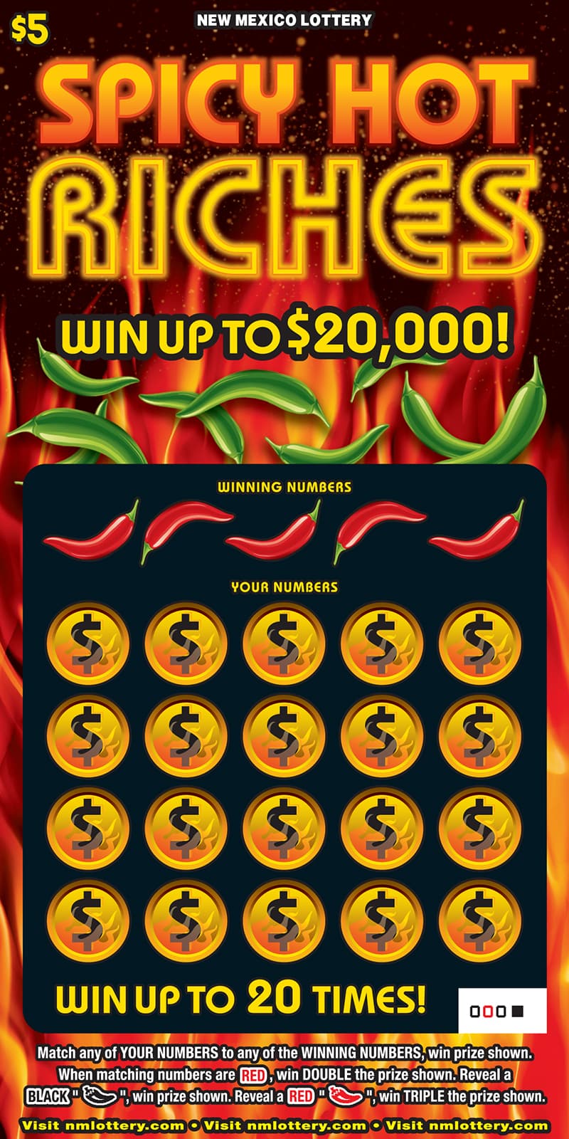 Spicy Hot Riches New Mexico Lottery scratch-off ticket art