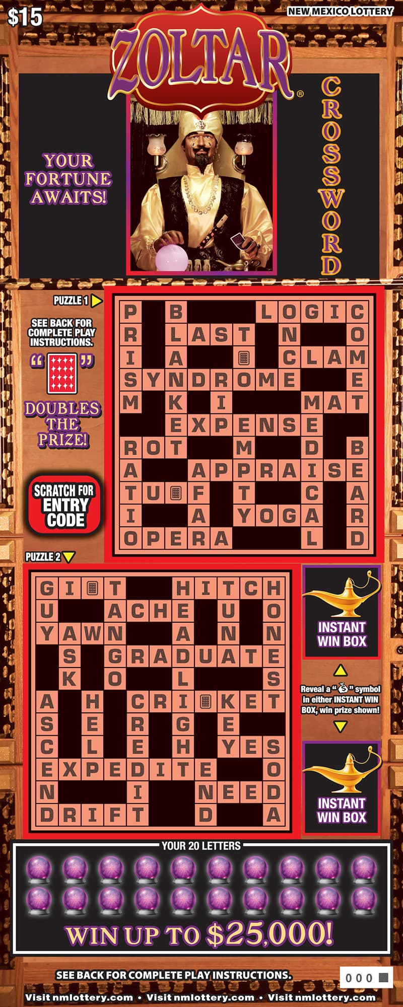Zoltar® Crossword New Mexico Lottery scratch-off ticket art