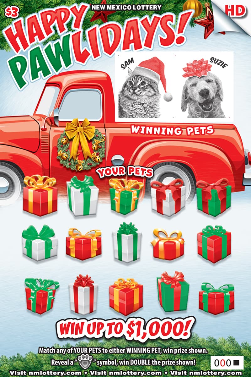 Happy Pawlidays! New Mexico Lottery scratch-off ticket art