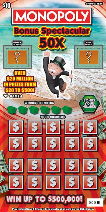 Monopoly Bonus Spectacular 50X Ohio Lottery scratch-off ticket art