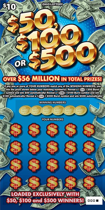 $50, $100 or $500 Ohio Lottery scratch-off ticket