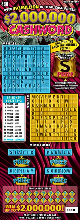 $2,000,000 Cashword Ohio Lottery scratch-off ticket