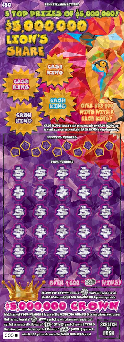 $5,000,000 Lion’s Share Pennsylvania Lottery scratch-off ticket