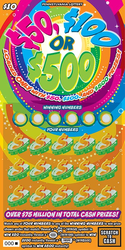 $50, $100 or $500 Pennsylvania Lottery scratch-off ticket