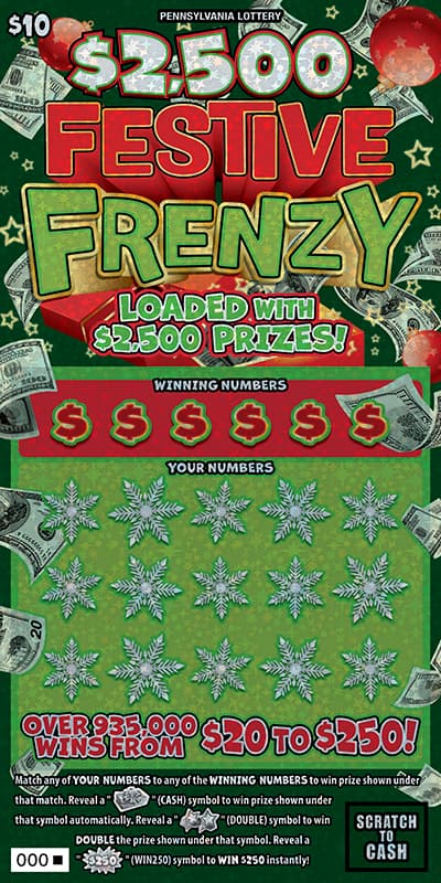 $2,500 Festive Frenzy Pennsylvania Lottery scratch-off ticket