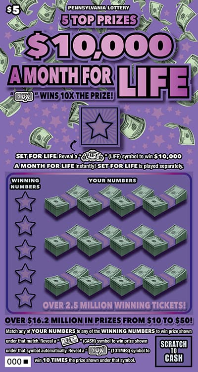 $10,000 a Month for Life Pennsylvania Lottery scratch-off ticket