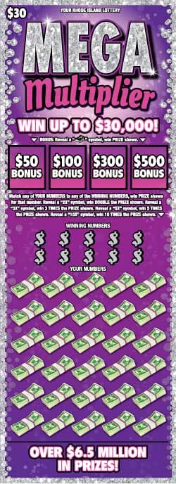 MEGA MULTIPLIER Rhode Island Lottery scratch-off ticket art