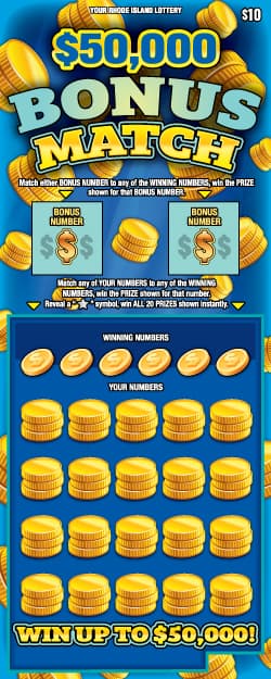 $50,000 BONUS MATCH Rhode Island Lottery scratch-off ticket art