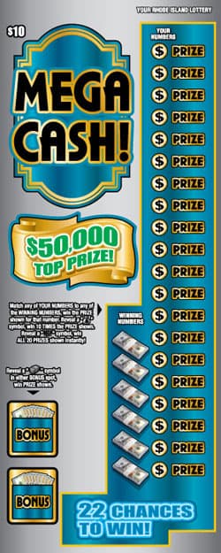 MEGA CASH Rhode Island Lottery scratch-off ticket art