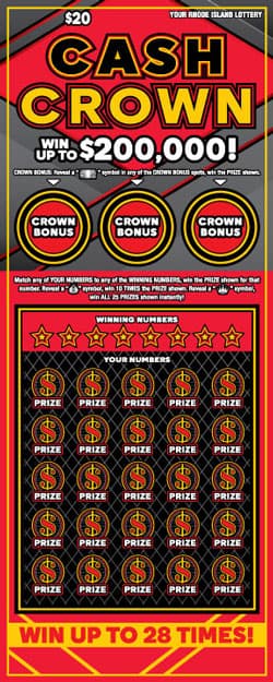 CASH CROWN Rhode Island Lottery scratch-off ticket