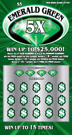EMERALD GREEN 5X Rhode Island Lottery scratch-off ticket