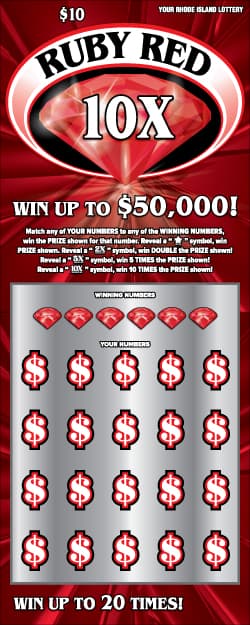 RUBY RED 10X Rhode Island Lottery scratch-off ticket art