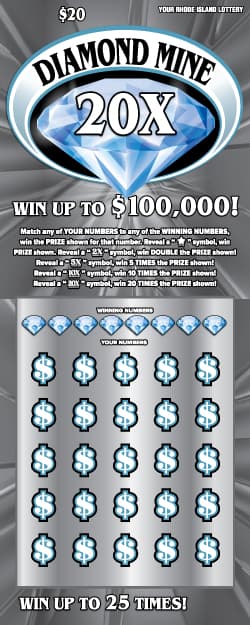 DIAMOND MINE 20X Rhode Island Lottery scratch-off ticket art