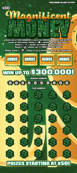 MAGNIFICENT MONEY Rhode Island Lottery scratch-off ticket