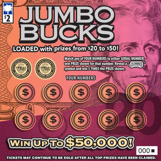 Jumbo Bucks South Carolina Lottery scratch-off ticket art