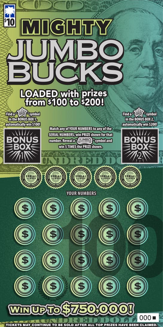 Mighty Jumbo Bucks South Carolina Lottery scratch-off ticket