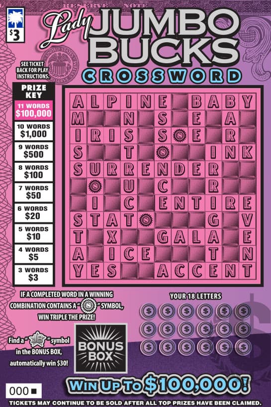 Lady Jumbo Bucks Crossword South Carolina Lottery scratch-off ticket art