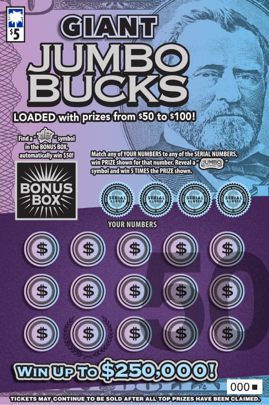 Giant Jumbo Bucks South Carolina Lottery scratch-off ticket art