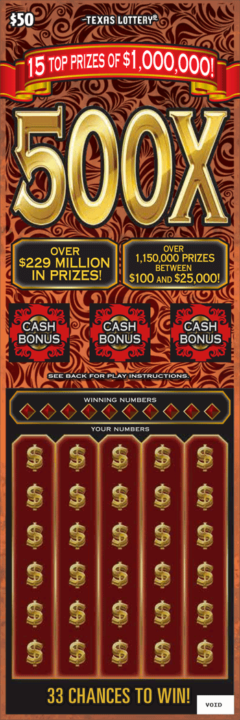500X Texas Lottery scratch-off ticket