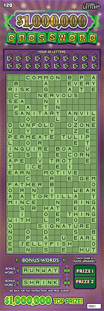 $1,000,000 CROSSWORD Texas Lottery scratch-off ticket