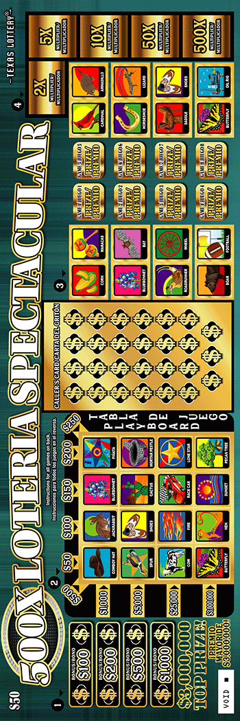 500X Loteria Spectacular Texas Lottery scratch-off ticket
