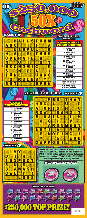 $250,000 50X Cashword Texas Lottery scratch-off ticket