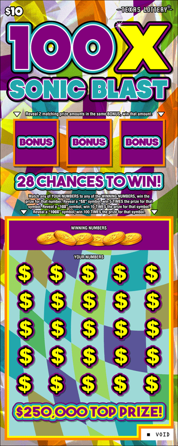 100X Sonic Blast Texas Lottery scratch-off ticket
