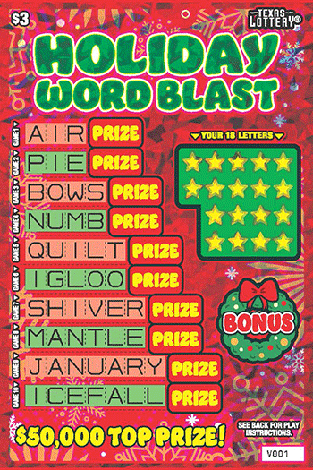 Holiday Word Blast Texas Lottery scratch-off ticket