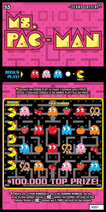 Ms.PAC-MAN Texas Lottery scratch-off ticket art