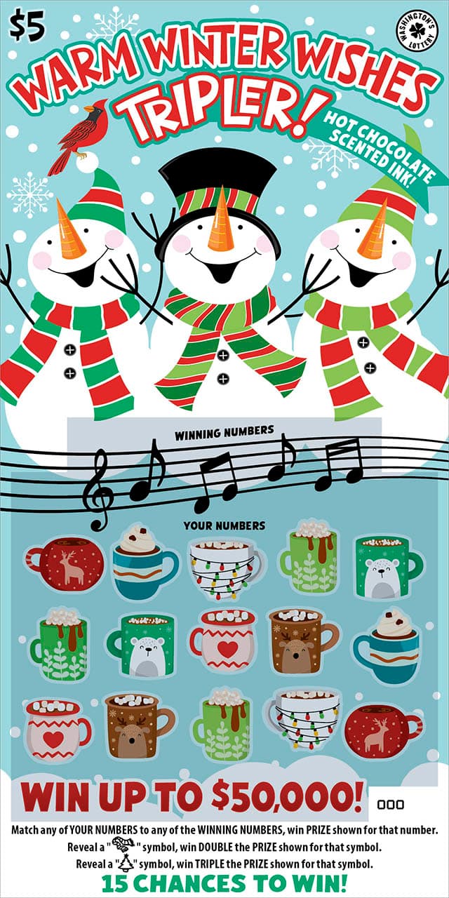 WARM WINTER WISHES TRIPLER! Washington Lottery scratch-off ticket art